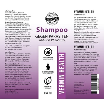 Etikett für Bellfor Vermin Health Shampoo, 250ml, das die Anwendung gegen Parasiten, Inhaltsstoffe und Anwendung auf Deutsch und Englisch beschreibt.