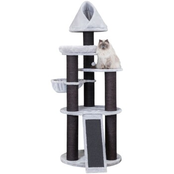 Ein hoher grauer und dunkelbrauner Kratzbaum mit einer gemütlichen Wohnung, Plattformen, einem hängenden Spielzeug und einem Kratzpfosten. Eine flauschige Katze ruht darauf.