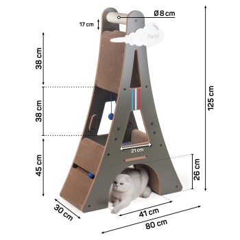 Katzenspielbaum in Form des Eiffelturms mit beschrifteten Abmessungen; verfügt über Kratzpfosten, einen gemütlichen Rückzugsort und hängende Spielzeuge.