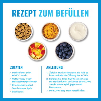 REZEPT ZUM BEFÜLLEN Grafik: fünf Schalen (Trockenfutter, Erdnussbutter, Joghurt, Apfel, Blaubeeren) mit 'ZUTATEN' und 'ANLEITUNG'