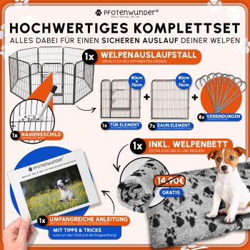 Schwarze Metall-Pet-Spielgehege-Paneele auf Gras mit einem plastikverpackten Gegenstand und einer Karte mit einem Hund auf einer Wiese, Text „#Pfotwunder“.