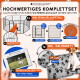 Schwarze Metall-Pet-Spielgehege-Paneele auf Gras mit einem plastikverpackten Gegenstand und einer Karte mit einem Hund auf einer Wiese, Text „#Pfotwunder“.