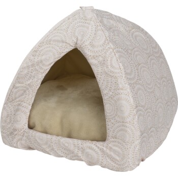 Ein gemütliches Haustierbett in Zeltform, mit einem weichen beigen Innenraum und einem gemusterten Außenbereich in hellem Creme mit kreisförmigen Designs.