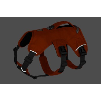 Ein strapazierfähiges, oranges Hundegeschirr mit verstellbaren Riemen und reflektierenden Details, entworfen für Komfort und Sicherheit.