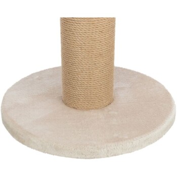 Katzenkratzbaum mit einer beigen Plüschbasis und einem natürlichen Sisal-umwickelten Pfosten zum Kratzen und Klettern.