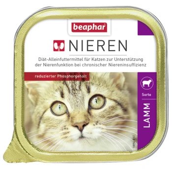 Beaphar Nieren Katzenfutterverpackung, die das Gesicht einer Katze zeigt, beschriftet mit "Nieren" zur Unterstützung der Nieren, mit "Lamm"-Geschmack und niedrigem Phosphor.