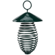 Grüner Metallvogelhaus mit spiralförmigem Design und einem runden Dach, mit einer Aufhängeschlaufe oben.