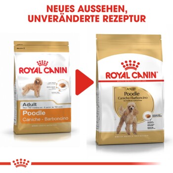 Bild von zwei Tüten Royal Canin Pudel-Hundefutter, das ein neues Design auf der rechten Seite zeigt mit dem Text "NEUES AUSSEHEN, UNVERÄNDERTE REZEPTUR".