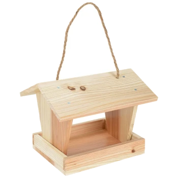Wooden bird feeder with a slanted roof and a rope for hanging, featuring an open feeding area.