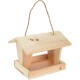 Wooden bird feeder with a slanted roof and a rope for hanging, featuring an open feeding area.