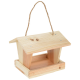Wooden bird feeder with a slanted roof and a rope for hanging, featuring an open feeding area.