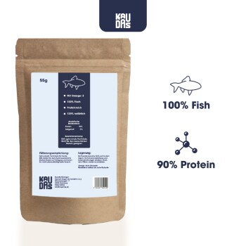Brauner Papiersack mit Haustierfutter, beschriftet mit "KAUDAS", mit einem blauen Feld, das den Text "100% Fisch", "90% Protein" und "Mit Omega-3" zeigt.