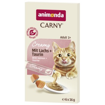 Opakowanie kremowej karmy Animonda CARNY: pomarańczowy pręgowany kot liżący się, 'Mit Lachs + Taurin / With Salmon + Taurine', dla dorosłych 1+.