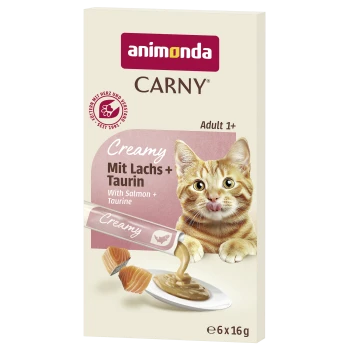Animonda CARNY Creamy Katzenfutterverpackung: orange-getigertes Kätzchen leckt, 'Mit Lachs + Taurin / With Salmon + Taurine', Adult 1+