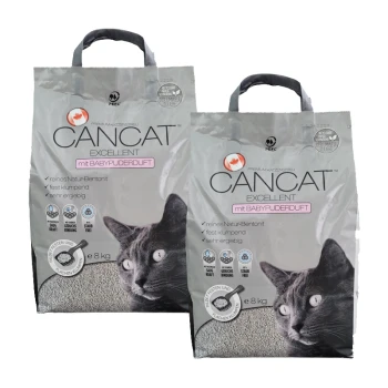 Zwei Säcke Cancat Excellent Katzenstreu, jeweils 8 kg, mit einer grauen Katze auf der Vorderseite und dem Aufdruck "mit BABYPUERDUFT".