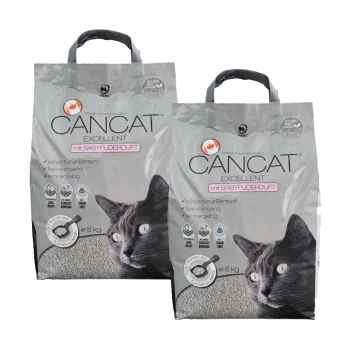 Zwei Säcke Cancat Excellent Katzenstreu, jeweils 8 kg, mit einer grauen Katze auf der Vorderseite und dem Aufdruck "mit BABYPUERDUFT".