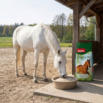 Ein braunes Pferd mit einer weißen Blesse frisst aus einer Metallschüssel neben einem Sack Panto Pferdefutter, hebt Vitamine und Omega-Fettsäuren hervor.