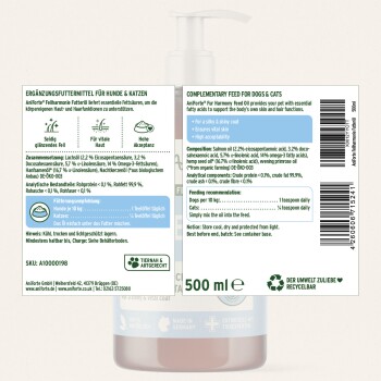 Flaschenetikett: AniForte Fur Harmony Haustieröl, Ergänzungsfuttermittel für Hunde & Katzen; Wirkung: 'Für ein seidiges & glänzendes Fell'; 500 ml