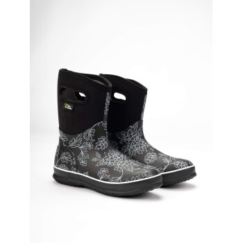 Schwarze, floral gemusterte Haustierstiefel mit einer strukturierten Sohle, mit seitlichen Griffen für einfaches Anziehen.