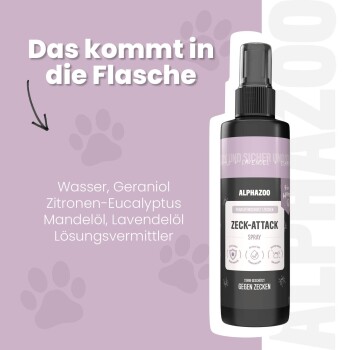 ALPHAZOO Force Zeck-Attack Zeckenabwehrspray für Hunde und Katzen, das seine präventive Anwendung und Hauptbestandteile zeigt.