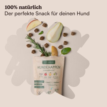 100 % natürlich, der perfekte Snack für deinen Hund. Die Verpackung zeigt "HUNDEHAPPEN - Morgenmuffel" mit Zutaten wie Äpfeln, Birnen und Kräutern.