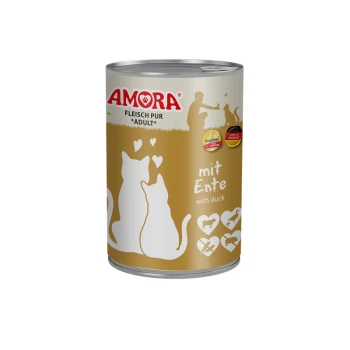 Dose AMORA Katzenfutter, goldenes Etikett mit weißen Katzensilhouetten; Aufschrift 'FLEISCH PUR *ADULT*' und 'mit Ente'.