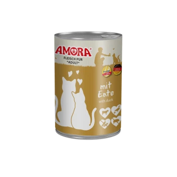 Dose AMORA Katzenfutter, goldenes Etikett mit weißen Katzensilhouetten; Aufschrift 'FLEISCH PUR *ADULT*' und 'mit Ente'.