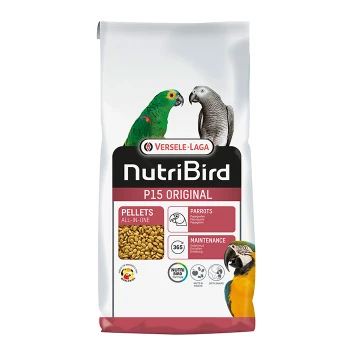 NutriBird P15 Original Vogelfutterbeutel zeigt grüne und graue Papageien, beschriftet mit "Pellets All-in-One" und "Wartung."