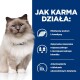 Puszysty kot z niebieskimi oczami siedzi obok tekstu wyjaśniającego, jak działa karma dla kotów, podkreślając poziomy L-karnityny, mieszankę włókien i przeciwutleniaczy.