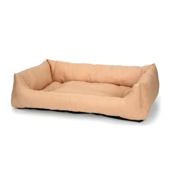 Ein gemütliches Haustierbett mit einem hellen Pfirsich-Zickzack-Muster und erhöhten Seiten, ausgestattet mit einem weichen Kissen und einem schwarzen Boden.