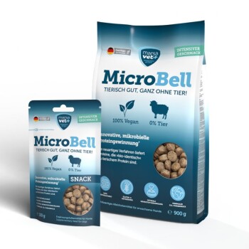 MicroBell veganes Hundefutter und Snack-Packungen von Marsa Vet, 100 % vegan, 0 % tierische Zutaten, deutsche Qualität, 900 g und 100 g.