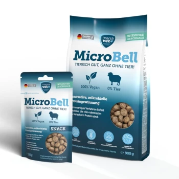 MicroBell veganes Hundefutter und Snack-Packungen von Marsa Vet, 100 % vegan, 0 % tierische Zutaten, deutsche Qualität, 900 g und 100 g.