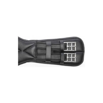 Schwarzer Leder-Gurt mit silbernen Schnallen und elastischen Riemen, mit einer gesteppten Textur für Komfort.