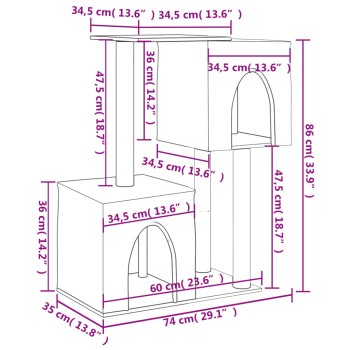 Diagramm eines mehrstöckigen Katzenbaums mit in Zentimetern und Zoll beschrifteten Abmessungen, mit einem würfelförmigen Sockel, einem Kratzbaum und einer oberen Plattform.