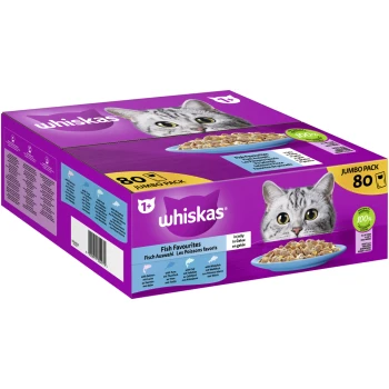 Whiskas Jumbo Pack Katzenfutter mit dem Gesicht einer grauen Katze, gekennzeichnet mit 'Fish Favourites' und 80 Portionen in Gelee.
