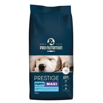 Tüte Pro-Nutrition Prestige Puppy Maxi Hundefutter (14 kg) mit Foto eines schlafenden Welpen und Aufschriften 'PUPPY MAXI' 'PRO-NUTRITION'