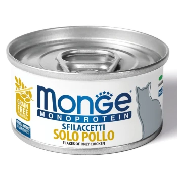 Dose Katzenfutter mit der Aufschrift "Monge Monoprotein Sfilaccetti Solo Pollo," mit einer getreidefreien Formel und dampfgegartem Hühnchen.