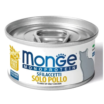 Dose Katzenfutter mit der Aufschrift "Monge Monoprotein Sfilaccetti Solo Pollo," mit einer getreidefreien Formel und dampfgegartem Hühnchen.