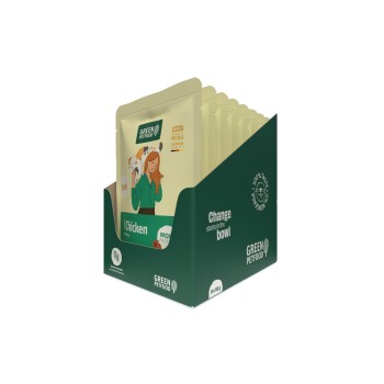 Grüne Petfood-Tüte mit illustrierter Frau und Katze, Text 'Paté', 'mit Huhn', 'zuckerfreie Formel'.