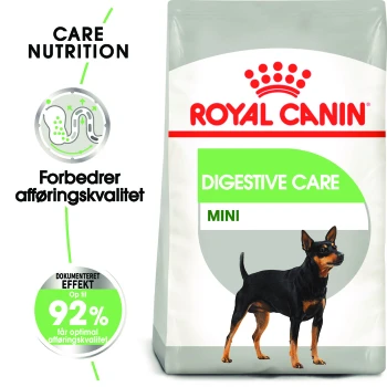 Royal Canin Digestive Care Mini Hundefutterbeutel mit einem schwarz-braunen Hund, mit Text, der die Pflegeernährung und die Verdauungsvorteile hervorhebt.
