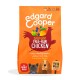 Edgard Cooper dog food bag featuring "Succulent Free-Run Chicken" on an orange background, with illustrations of fruits and vegetables.