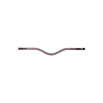 Ein stilvoller schwarzer Haustierhalsband geschmückt mit rosa und lila Strasssteinen, mit einem geschwungenen Design und einem kleinen Logoetikett.