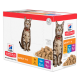 Boîte de nourriture pour chats Hill's Science Plan présentant un chat tigré, étiquetée 'Adult 1-6', avec des saveurs : 6x poulet, 3x poisson de mer, 3x bœuf.