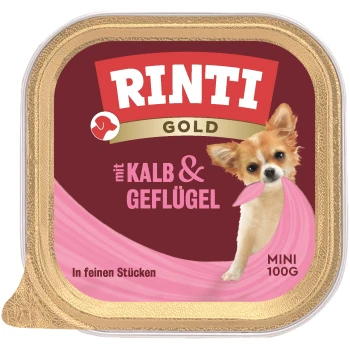 Opakowanie karmy dla psów RINTI Gold z napisem "mit Kalb & Geflügel" (z cielęciną i drobiem), mini rozmiar 100g, z różowym i złotym wzorem.