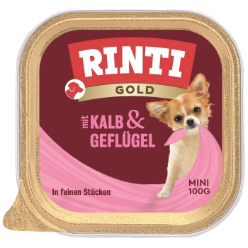 RINTI Gold Hundefutterverpackung mit "mit Kalb & Geflügel," 100g Mini-Größe, mit einem pinken und goldenen Design.
