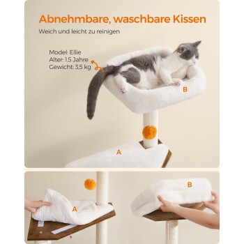 Die grau-weiße Katze Ellie entspannt sich auf einem abnehmbaren Kissen auf einem Katzenbaum. Modell Details: 1,5 Jahre alt, 3,5 kg.