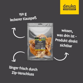 Verpackung von deuka Begleithundeleckerlis, mit 150 g Schweineohren, mit sichtbarem Text, der Frische und Produkttransparenz hervorhebt.