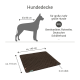 Braune, gesteppten Hundedecke mit dem Text 'sauber | hygienisch | pflegeleicht', waschbar bis 95°C und trocknergeeignet. Marke: Doctor Bark.
