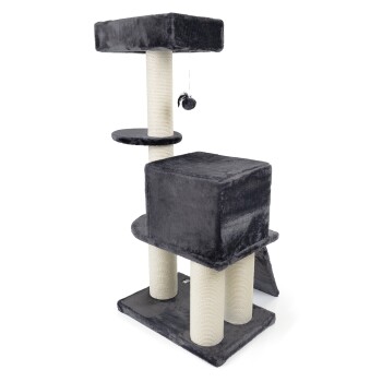 Grauer Katzenbaum mit mehreren Ebenen, Kratzpfosten und einem baumelnden Spielzeug. Ideal für das Spielen und Entspannen von Katzen.