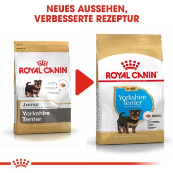 Zwei Royal Canin Hundefuttertüten mit den Aufschriften "Junior" und "Welpe Yorkshire Terrier", mit "NEUES AUSSEHEN, VERBESSERTE REZEPTUR" darüber.